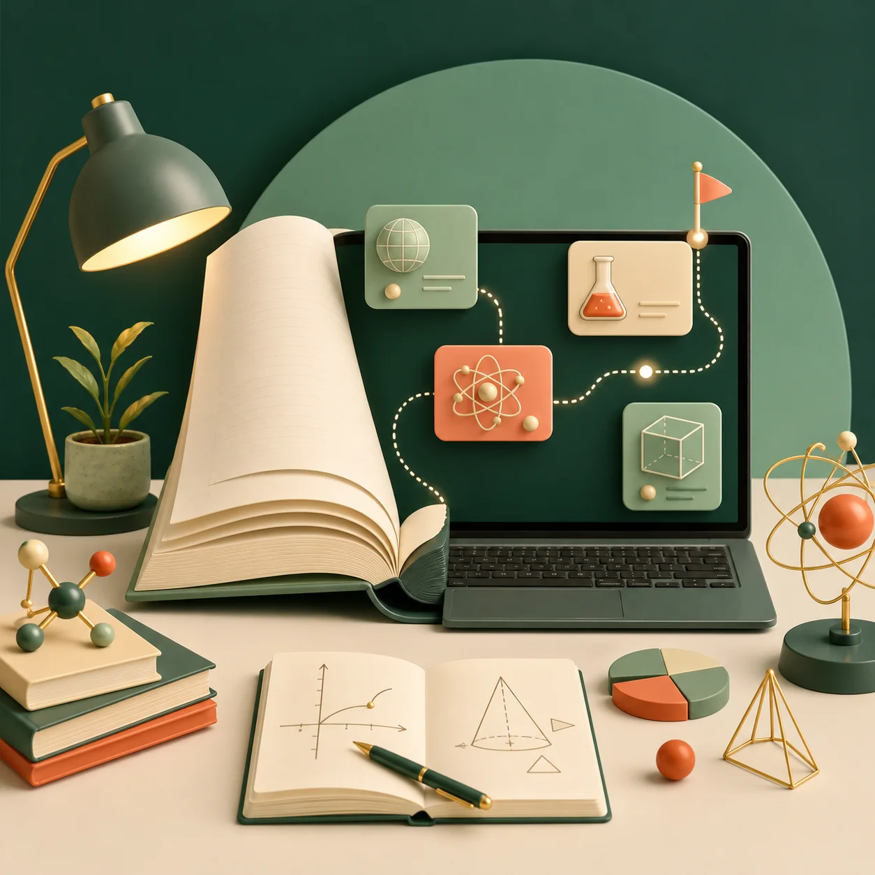 Warm square illustration of an open book, laptop, science lessons and a connected digital learning path for Bhauu Edu