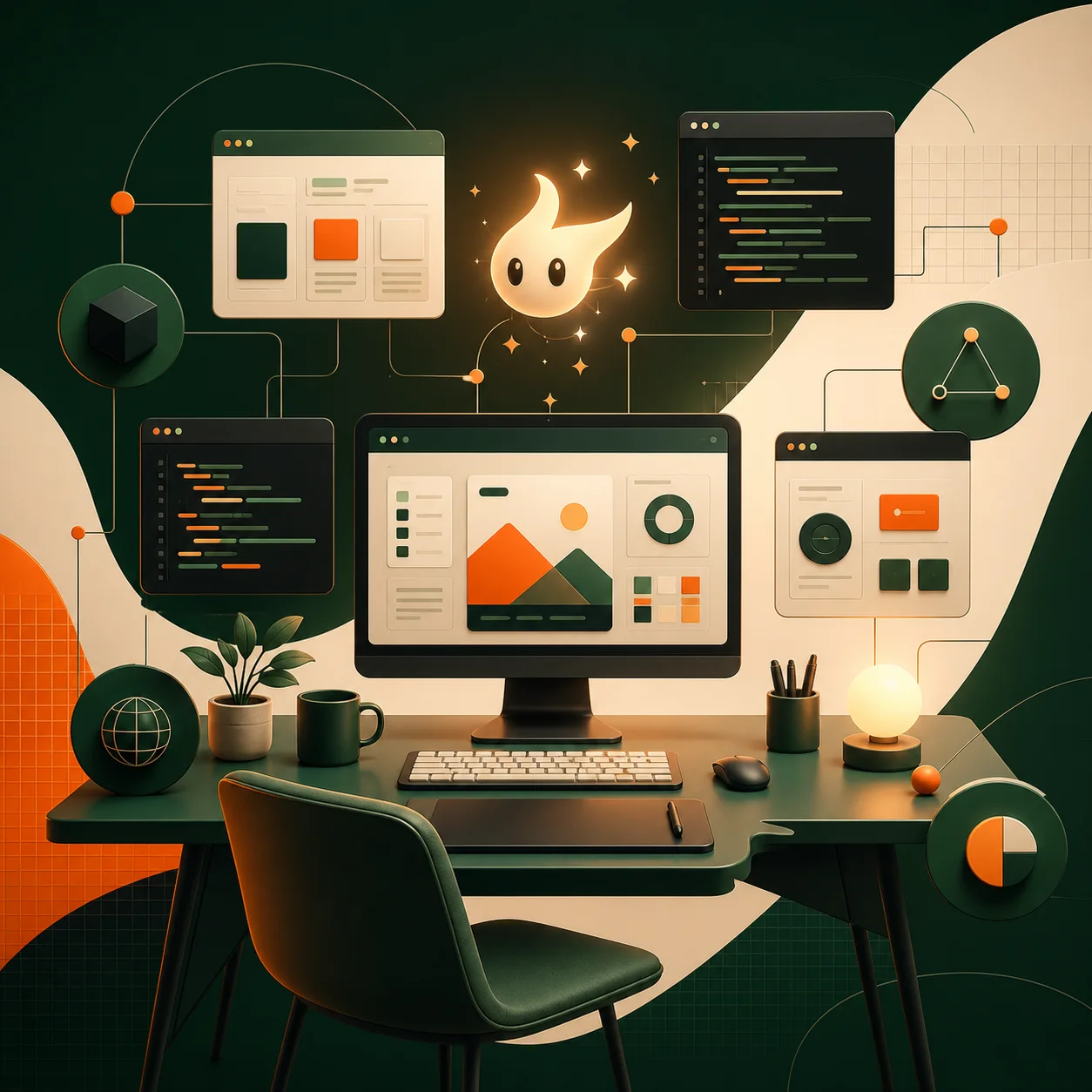 Editorial illustration of a connected Bhauu software studio with code, design panels and a warm creative workspace