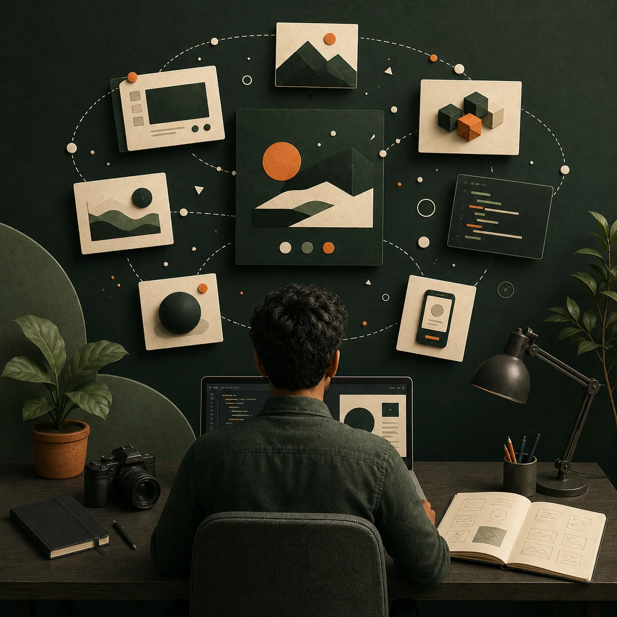Back-view editorial illustration of a digital builder connecting code, design, photography and portfolio projects
